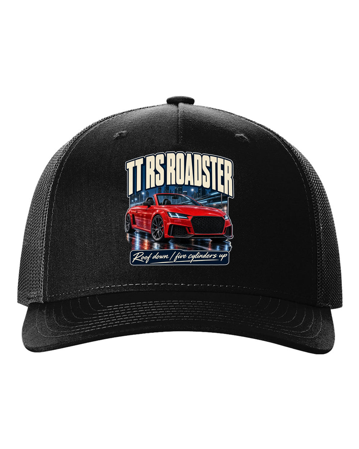 Audi TT RS Roadster 8S street poster print, roof down black hat front view with the design