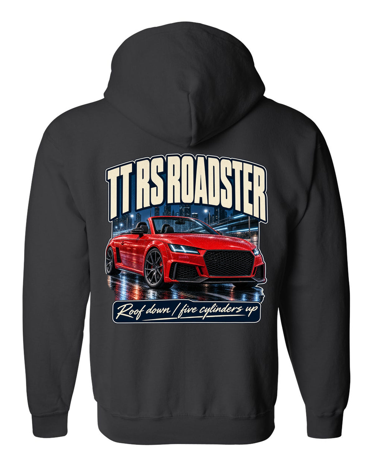 Audi TT RS Roadster 8S street poster print, roof down black zip hoodie back view with the design