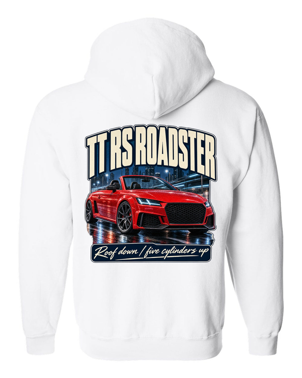 Audi TT RS Roadster 8S street poster print, roof down white zip hoodie back view with the design