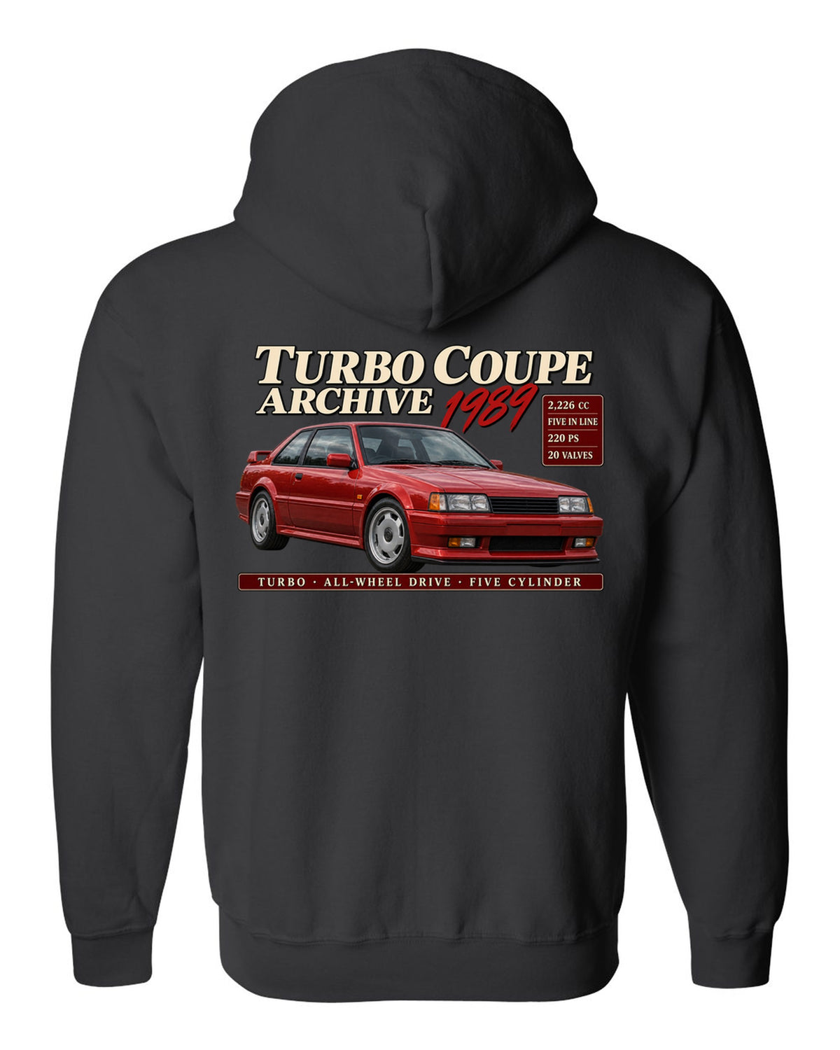 Audi Ur-Quattro 20V 1989 front three-quarter in archive panel with 2,226 cc text black zip hoodie back view with the design