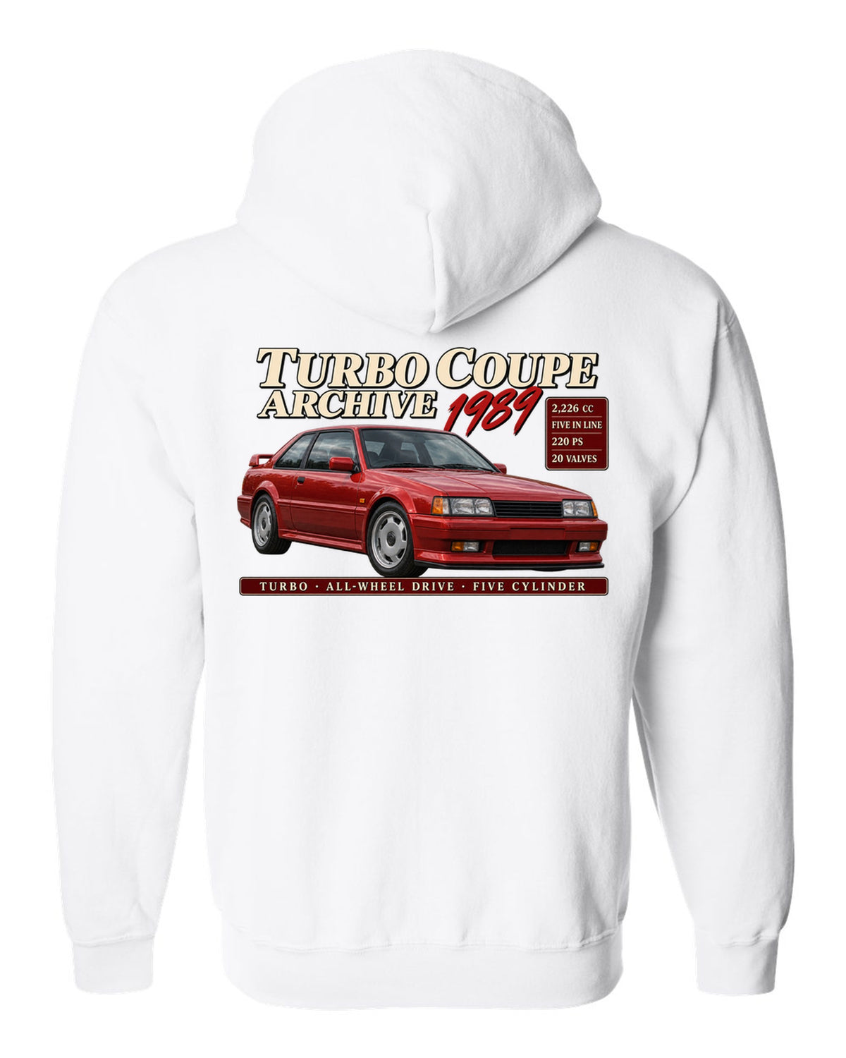 Audi Ur-Quattro 20V 1989 front three-quarter in archive panel with 2,226 cc text white zip hoodie back view with the design