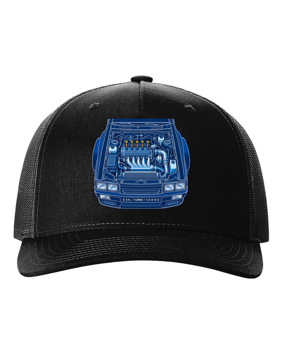 Cyanotype blueprint print of an Audi Ur-Quattro Type 85 with firing order text black hat front view with the design