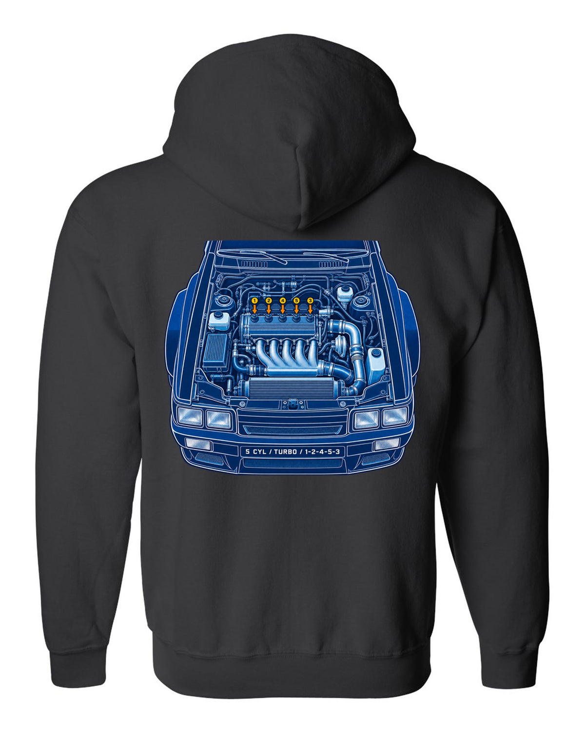 Cyanotype blueprint print of an Audi Ur-Quattro Type 85 with firing order text black zip hoodie back view with the design