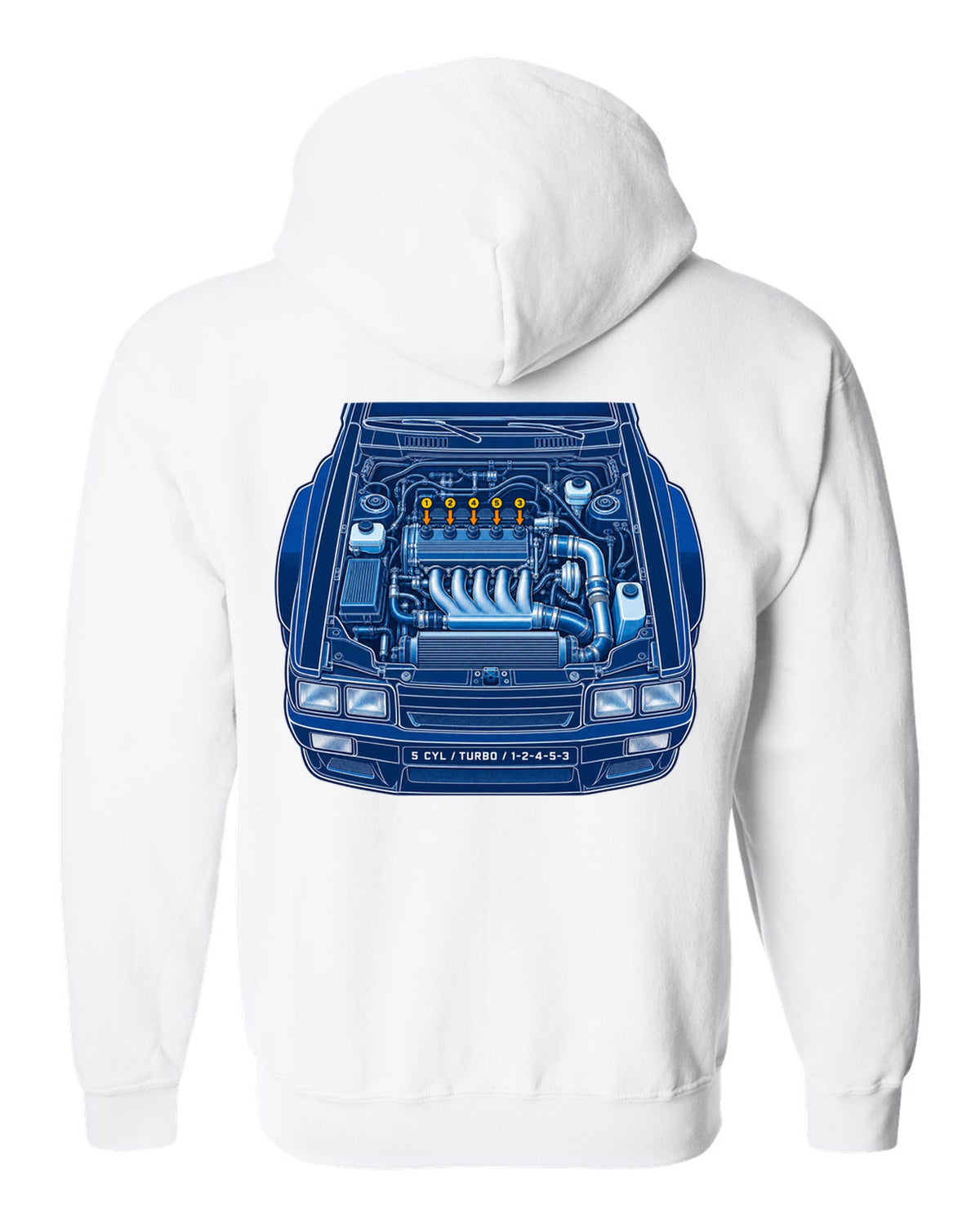 Cyanotype blueprint print of an Audi Ur-Quattro Type 85 with firing order text white zip hoodie back view with the design