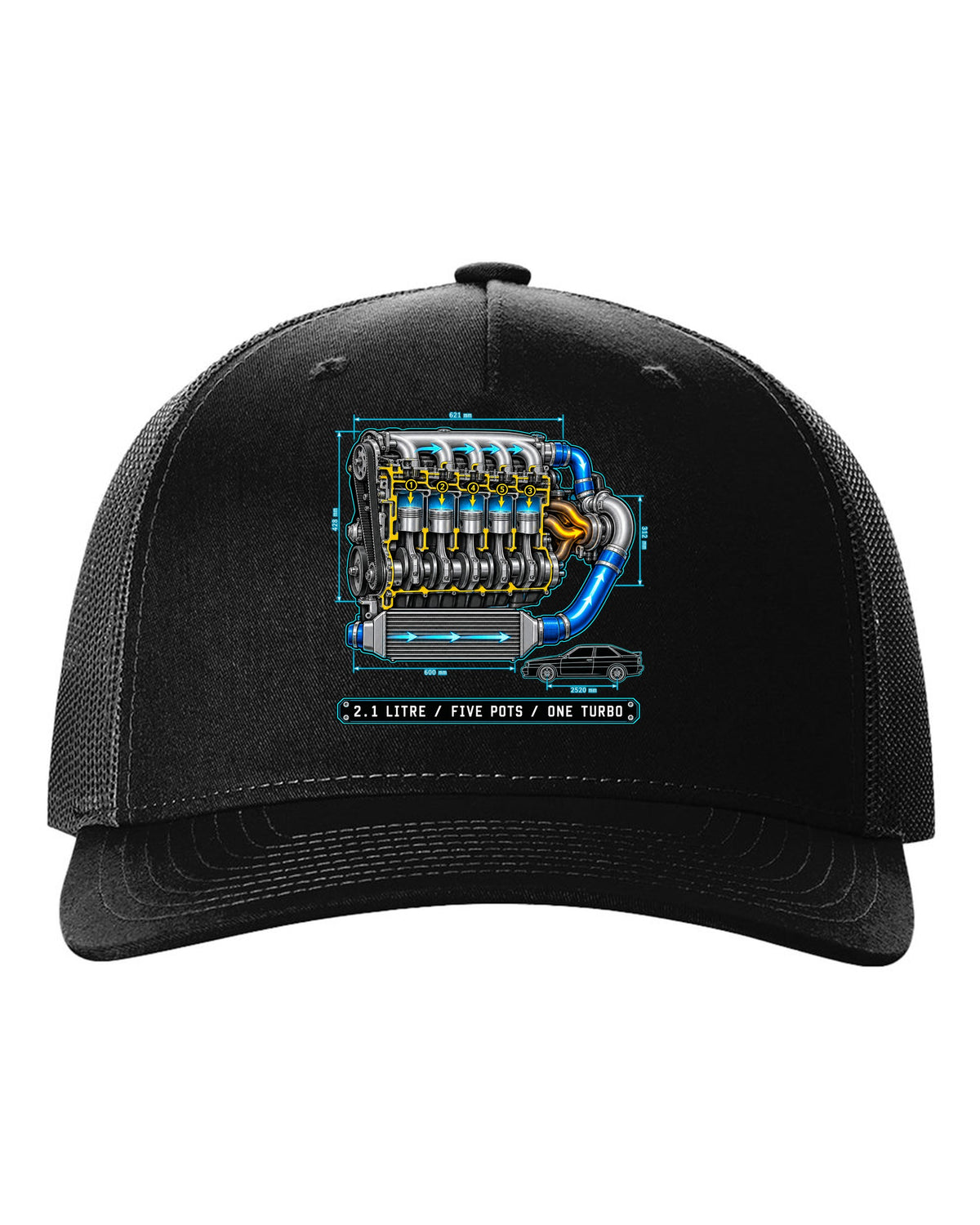 Technical blueprint print of an Audi Ur-Quattro Type 85 with five pots text black hat front view with the design