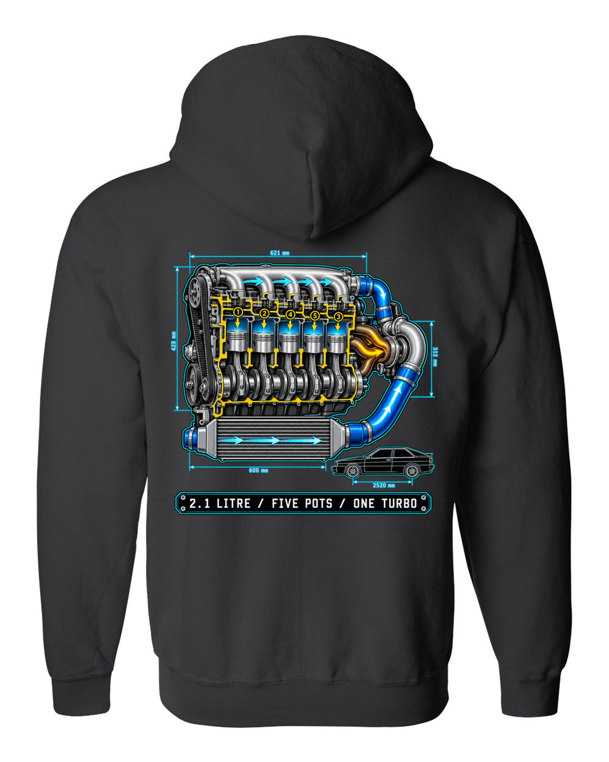Technical blueprint print of an Audi Ur-Quattro Type 85 with five pots text black zip hoodie back view with the design
