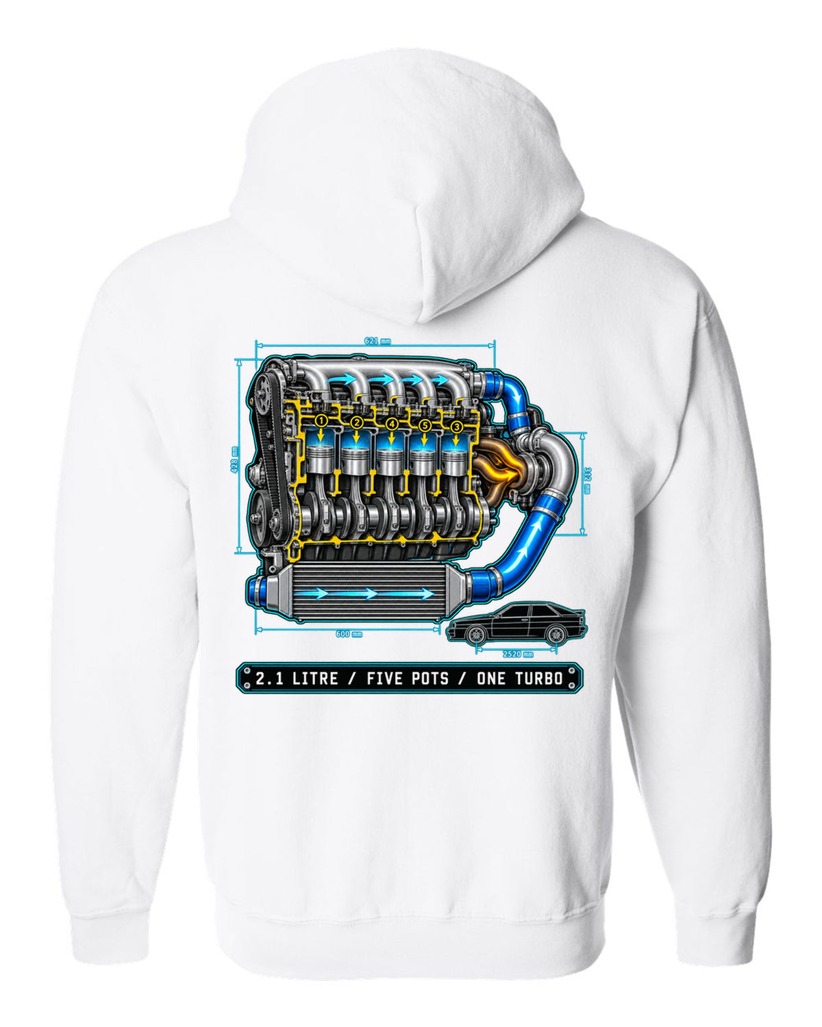 Technical blueprint print of an Audi Ur-Quattro Type 85 with five pots text white zip hoodie back view with the design