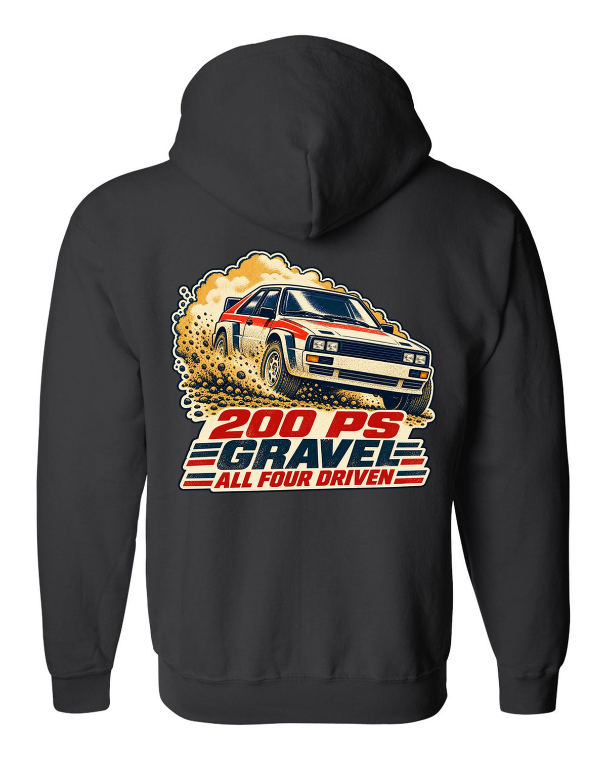 Vintage rally poster screenprint print of an Audi Ur-Quattro Type 85 on gravel black zip hoodie back view with the design