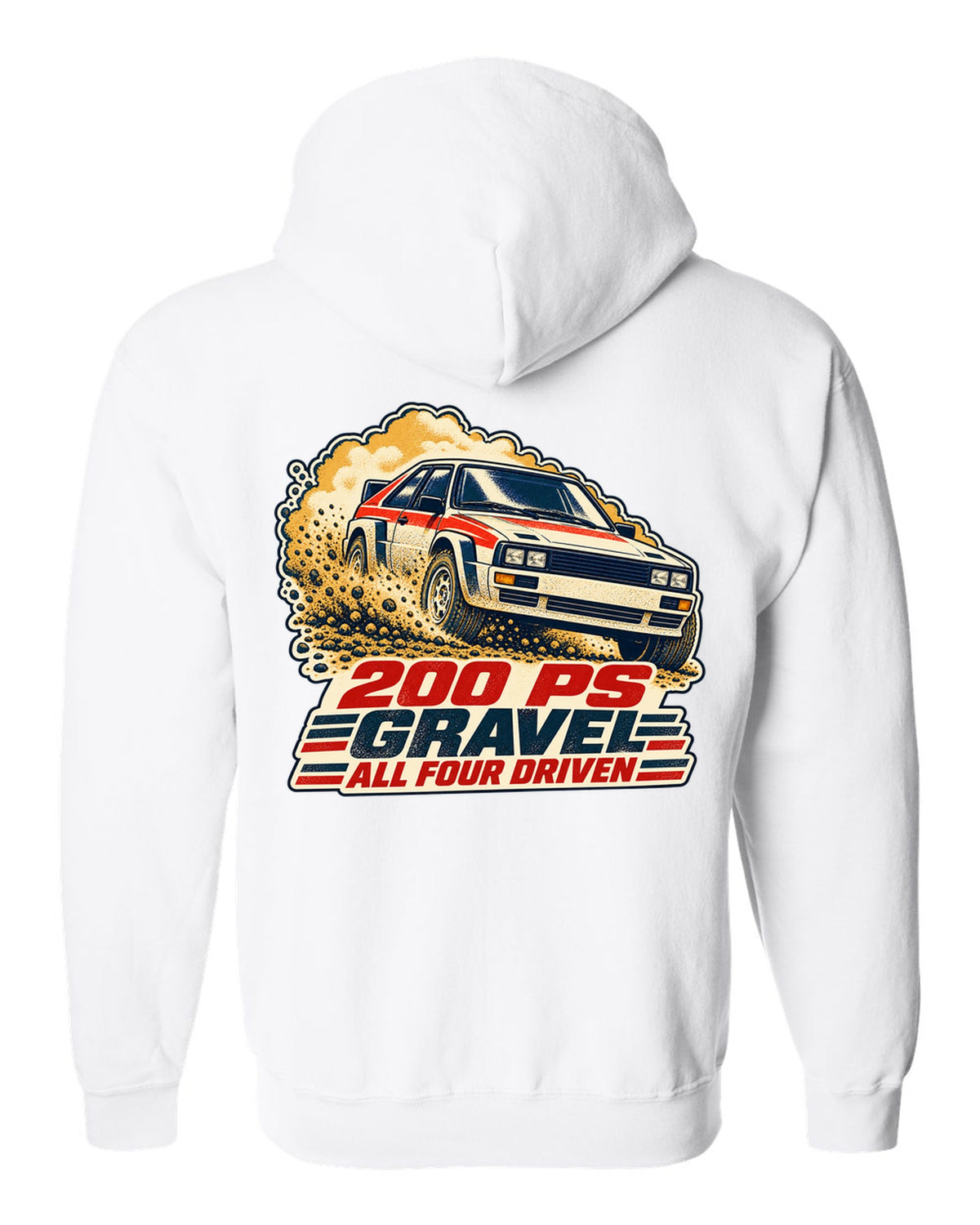 Vintage rally poster screenprint print of an Audi Ur-Quattro Type 85 on gravel white zip hoodie back view with the design