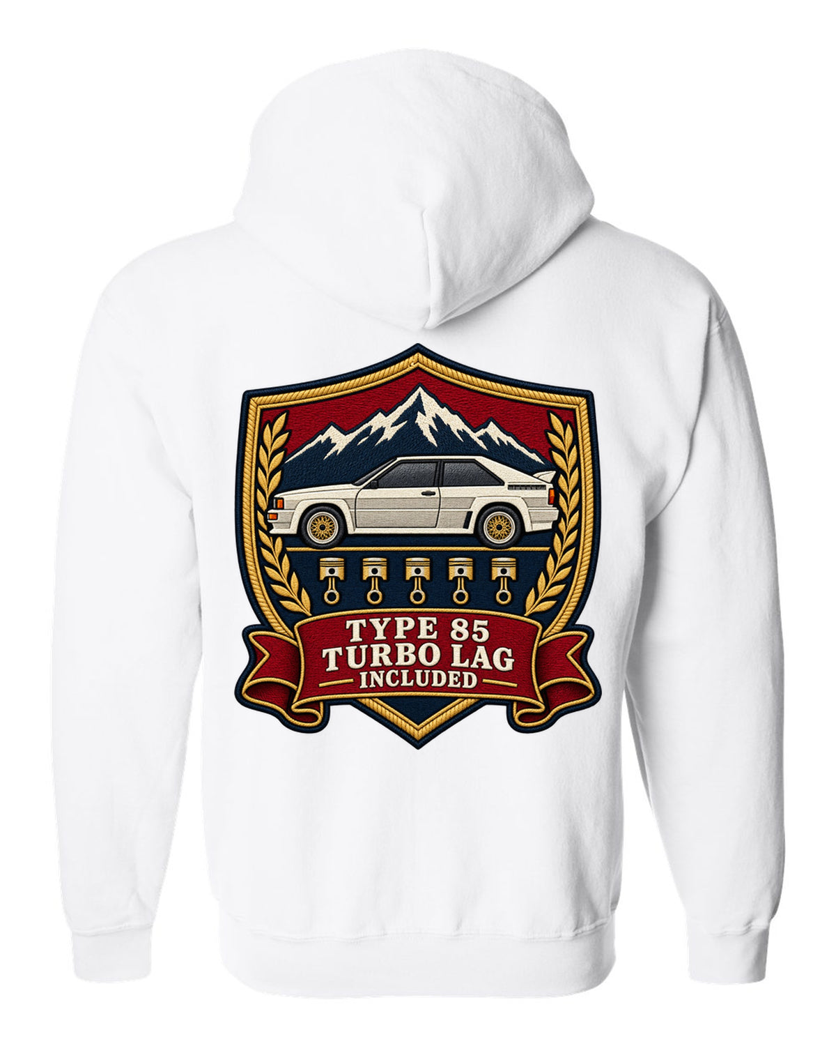 Varsity shield crest print of an Audi Ur-Quattro Type 85 with Turbo Lag Included text white zip hoodie back view with the design