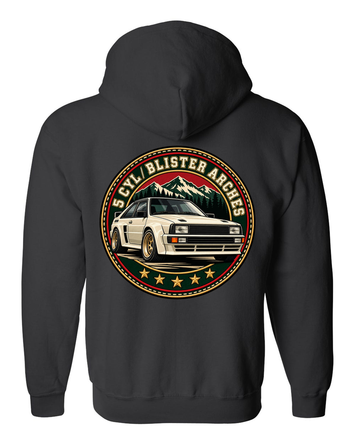 Varsity crest print of an Audi Ur-Quattro with blister arches text black zip hoodie back view with the design