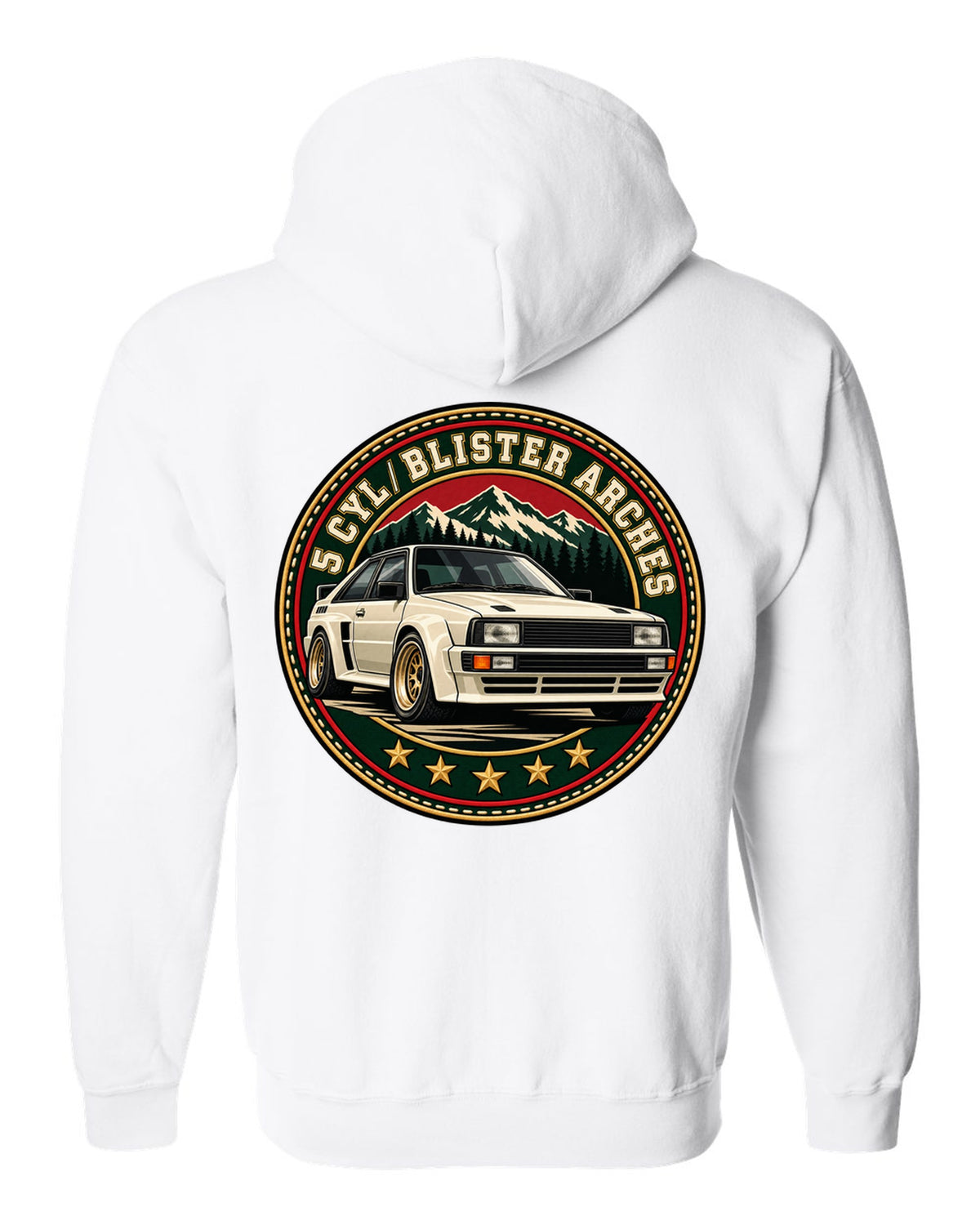 Varsity crest print of an Audi Ur-Quattro with blister arches text white zip hoodie back view with the design