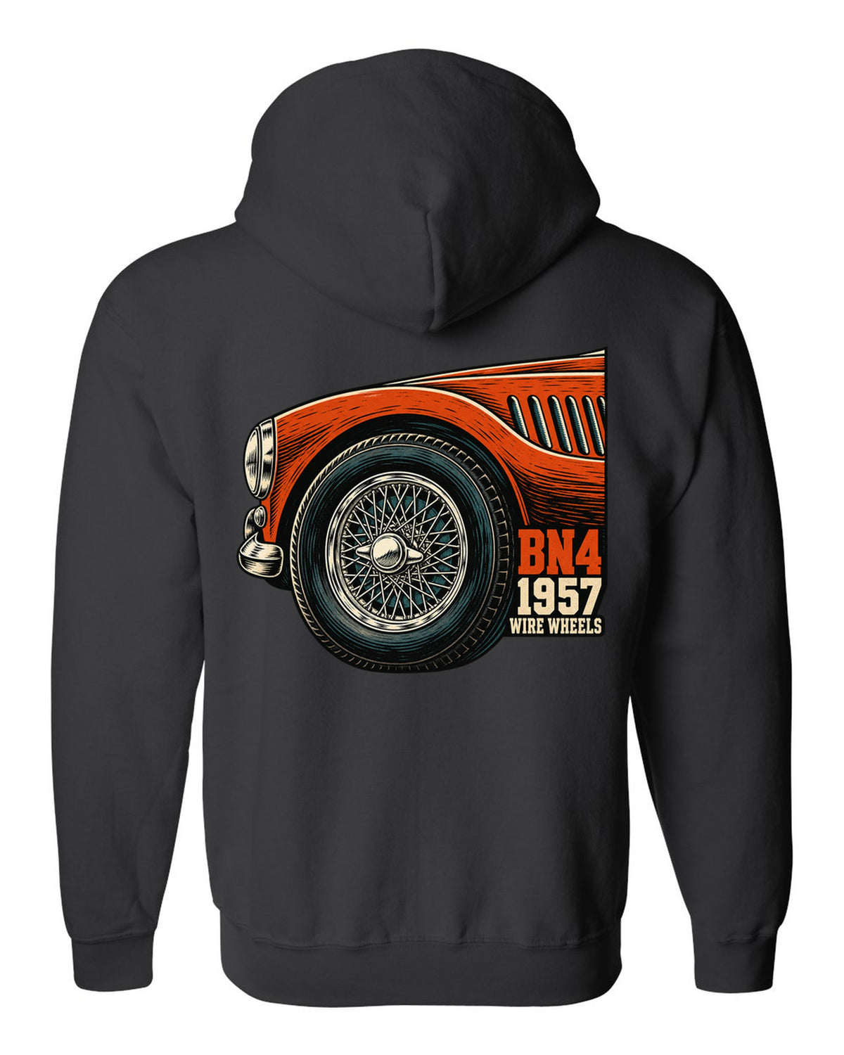 Linocut close-up of a wire wheel on a 1957 Austin-Healey 100-Six BN4 black zip hoodie back view with the design