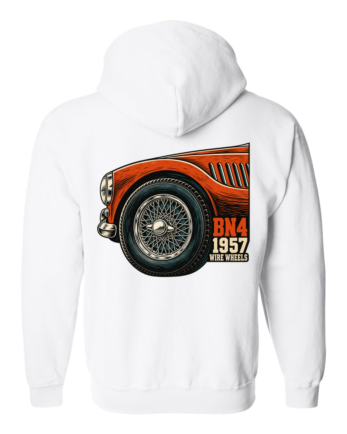 Linocut close-up of a wire wheel on a 1957 Austin-Healey 100-Six BN4 white zip hoodie back view with the design
