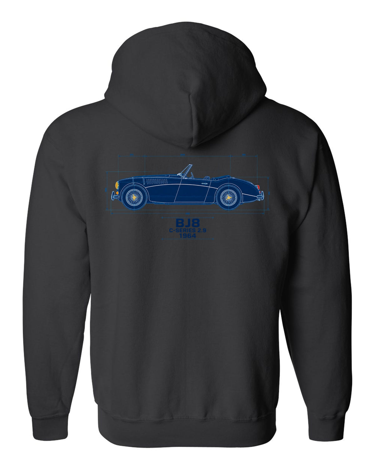 Blueprint line art of a 1964 Austin-Healey 3000 Mk III BJ8 with C-Series 2.9 lettering black zip hoodie back view with the design