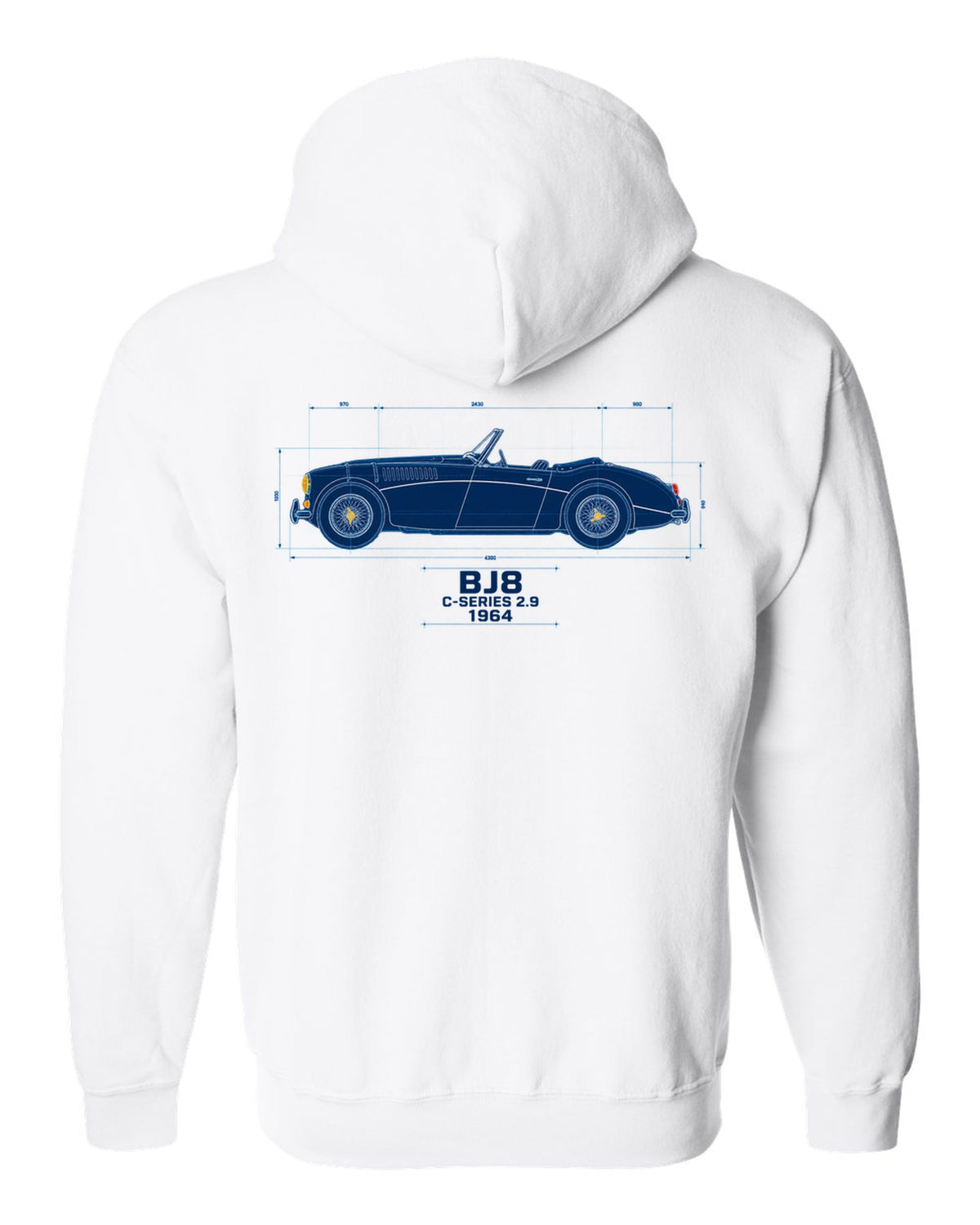Blueprint line art of a 1964 Austin-Healey 3000 Mk III BJ8 with C-Series 2.9 lettering white zip hoodie back view with the design