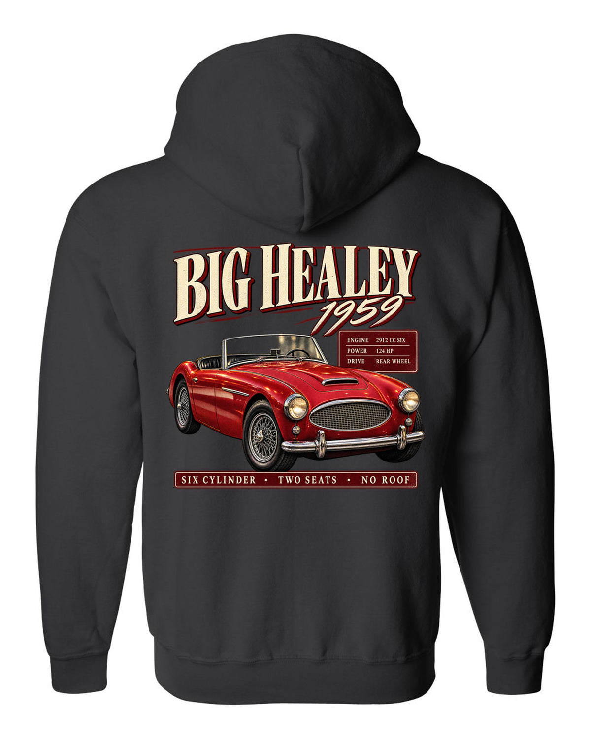 print of a red 1959 Austin-Healey 3000 Mk I BN7 in three-quarter front view with spec panel black zip hoodie back view with the design