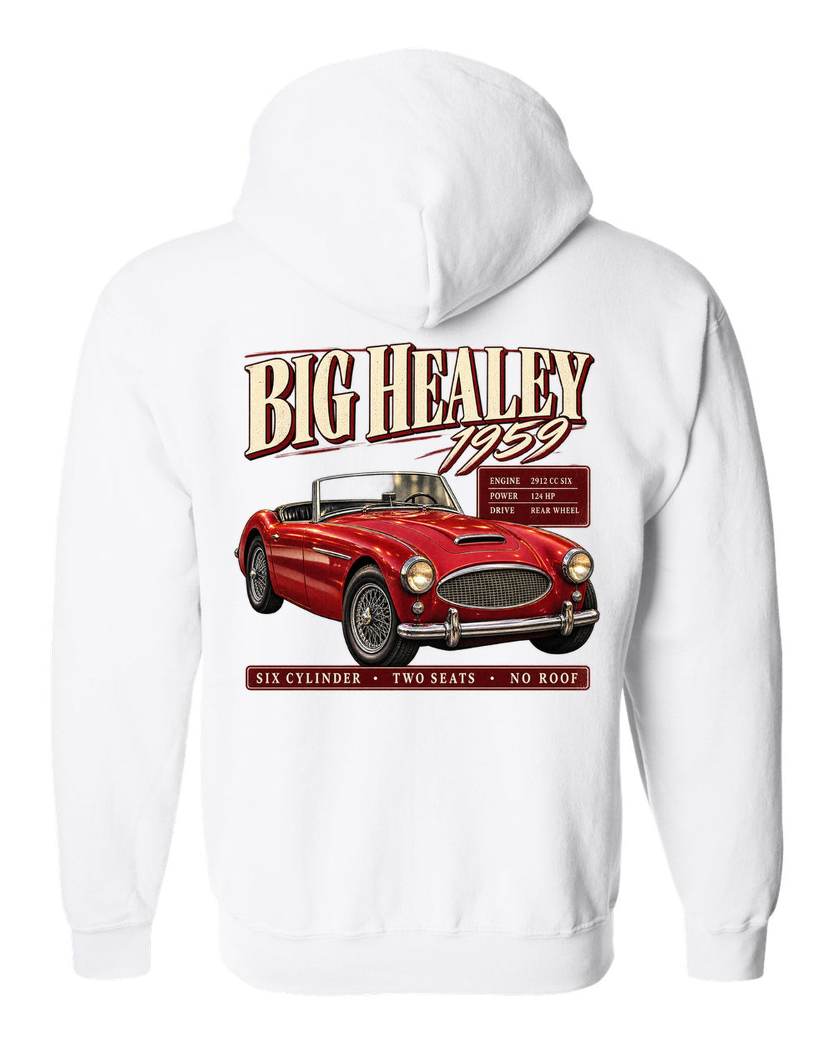 print of a red 1959 Austin-Healey 3000 Mk I BN7 in three-quarter front view with spec panel white zip hoodie back view with the design
