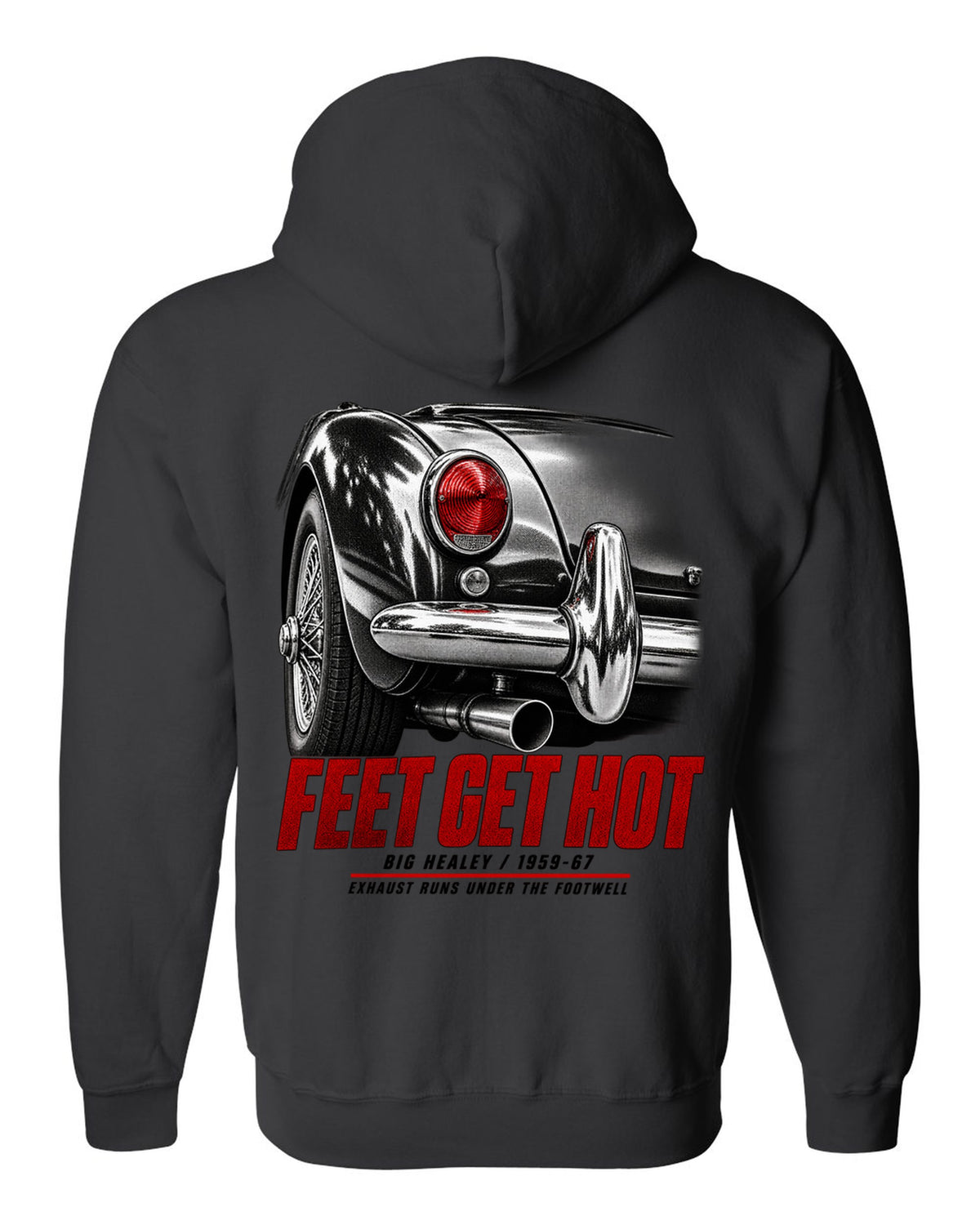 print of the rear taillight of a 1966 Austin-Healey 3000 Mk III BJ8 with hot feet lettering black zip hoodie back view with the design