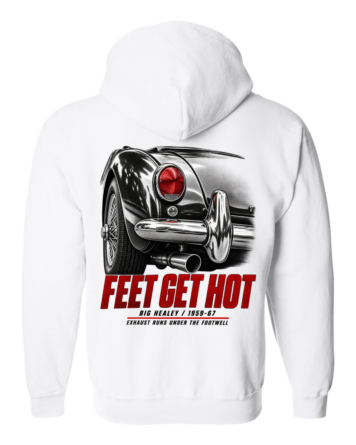 print of the rear taillight of a 1966 Austin-Healey 3000 Mk III BJ8 with hot feet lettering white zip hoodie back view with the design