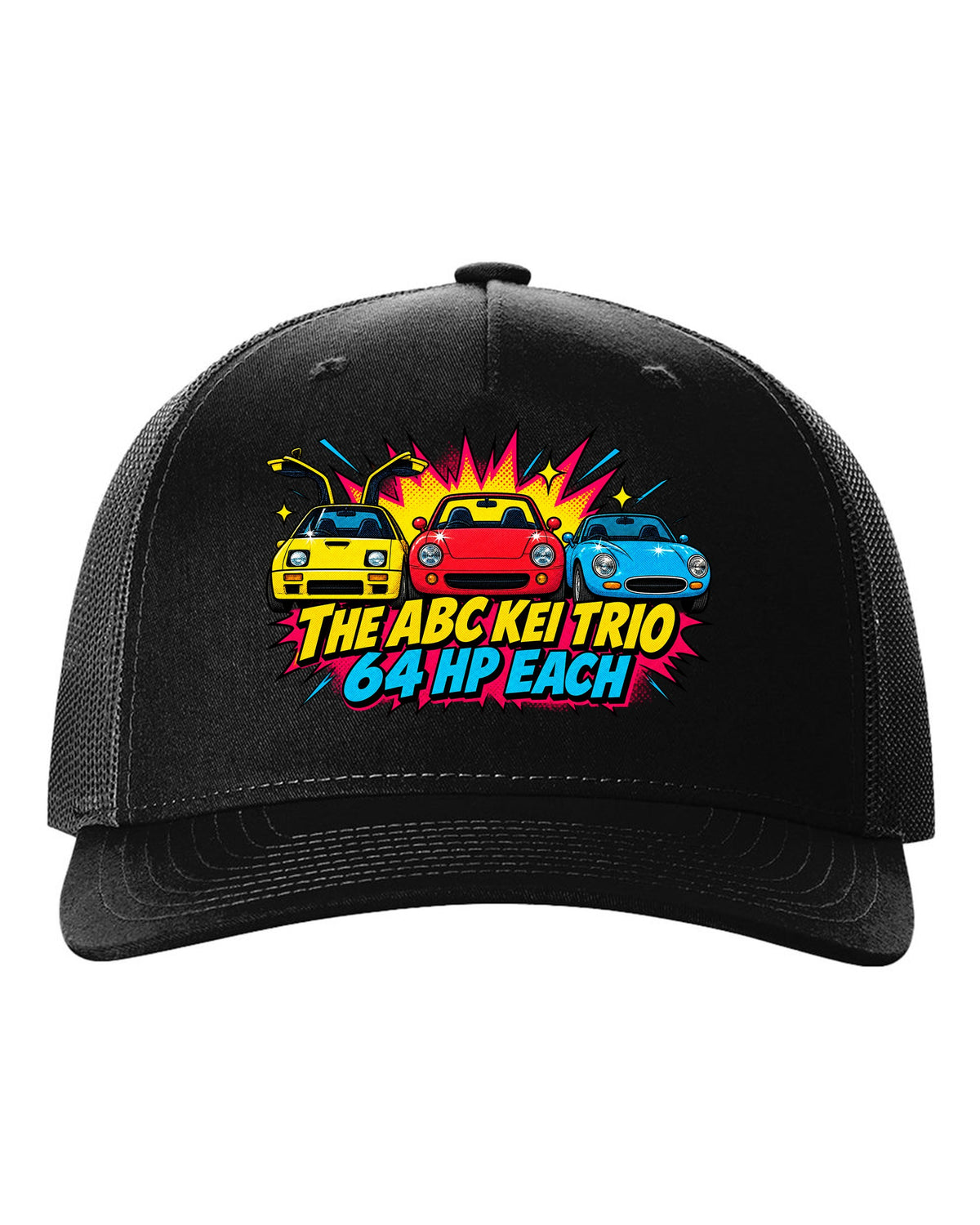Comic halftone pop-art of the Autozam AZ-1, Honda Beat and Suzuki Cappuccino with 64 hp each black hat front view with the design