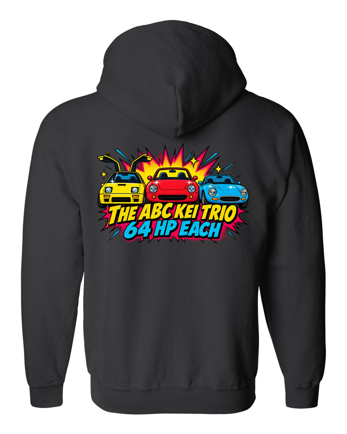 Comic halftone pop-art of the Autozam AZ-1, Honda Beat and Suzuki Cappuccino with 64 hp each black zip hoodie back view with the design