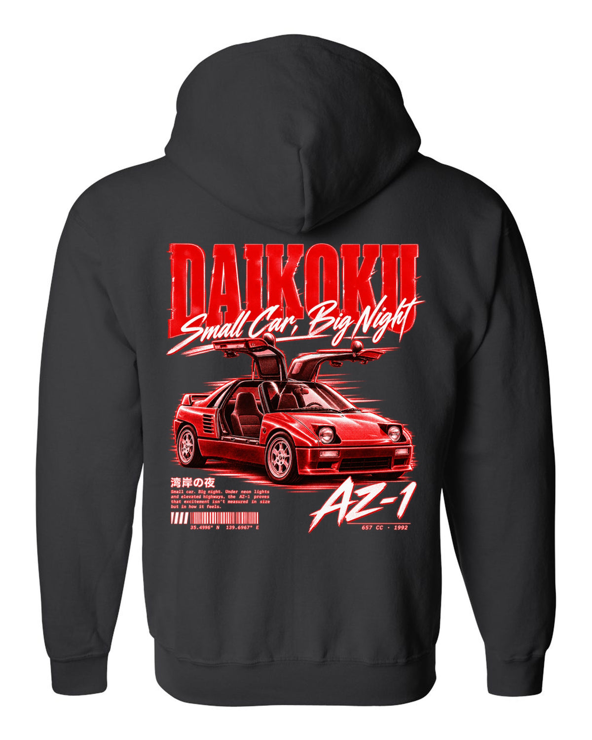 Street poster print of a Mazda AZ-1 PG6SA gull-wing kei car at Daikoku black zip hoodie back view with the design