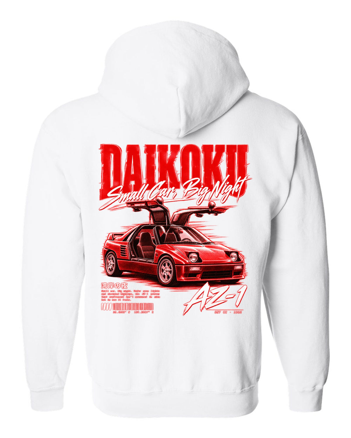 Street poster print of a Mazda AZ-1 PG6SA gull-wing kei car at Daikoku white zip hoodie back view with the design
