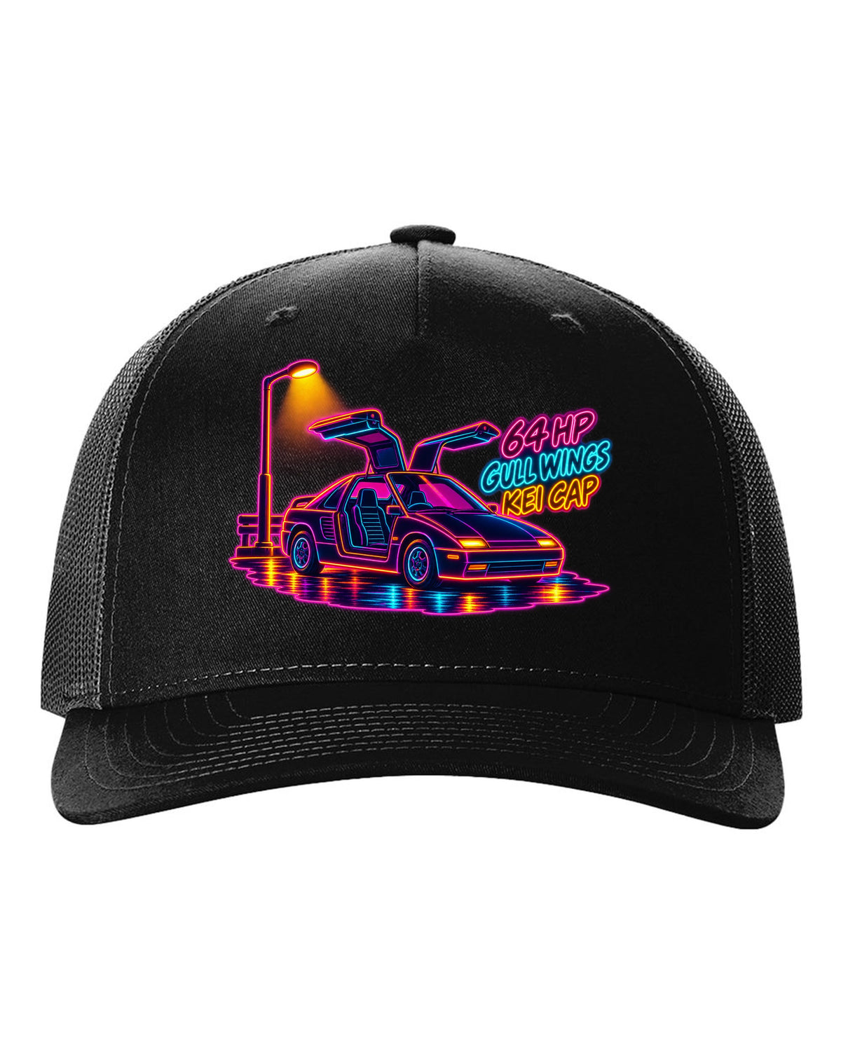 Neon synthwave line art print of an Autozam AZ-1 PG6SA with 64 HP gull wings kei cap lettering black hat front view with the design