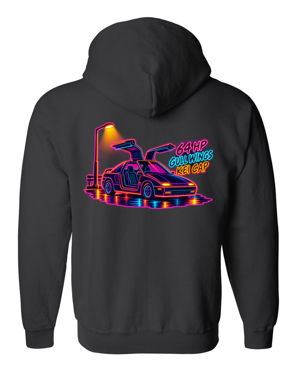 Neon synthwave line art print of an Autozam AZ-1 PG6SA with 64 HP gull wings kei cap lettering black zip hoodie back view with the design