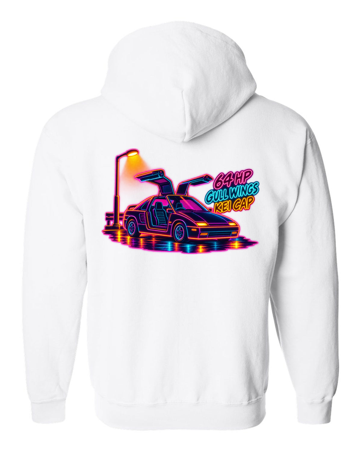 Neon synthwave line art print of an Autozam AZ-1 PG6SA with 64 HP gull wings kei cap lettering white zip hoodie back view with the design