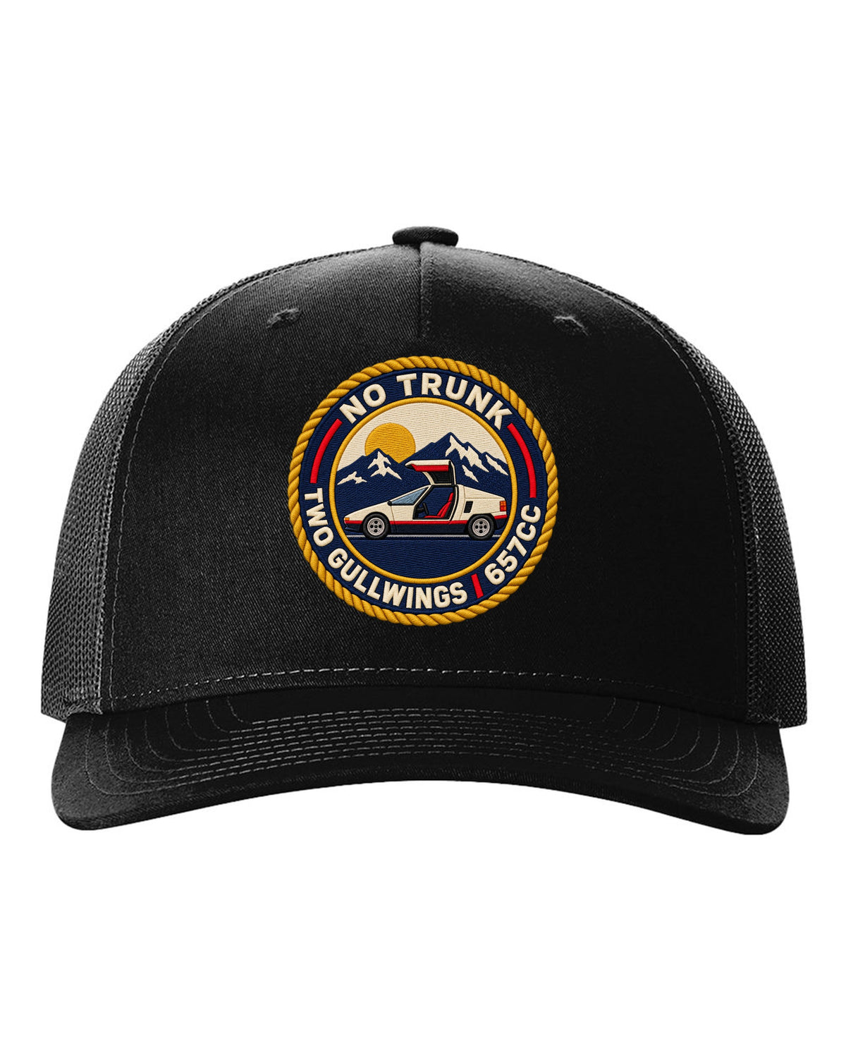 Embroidery-style varsity crest print for the Autozam AZ-1 PG6SA with no trunk two gullwings 657cc lettering black hat front view with the design