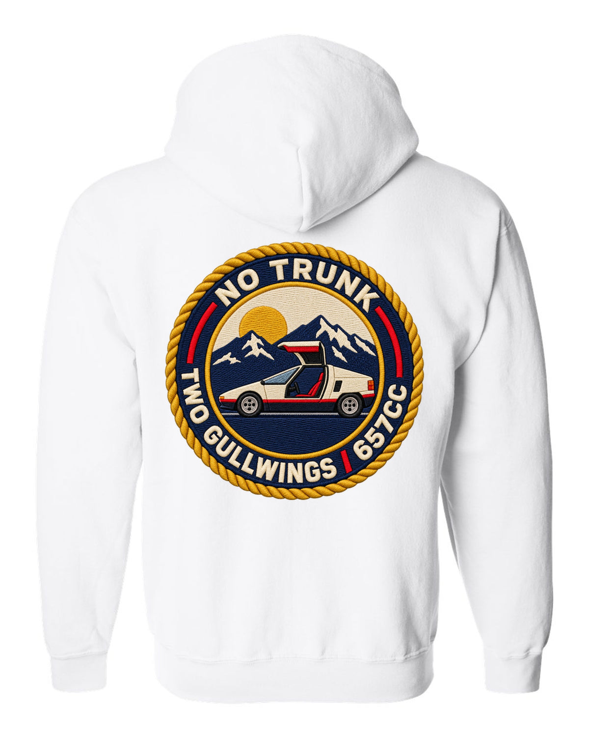 Embroidery-style varsity crest print for the Autozam AZ-1 PG6SA with no trunk two gullwings 657cc lettering white zip hoodie back view with the design