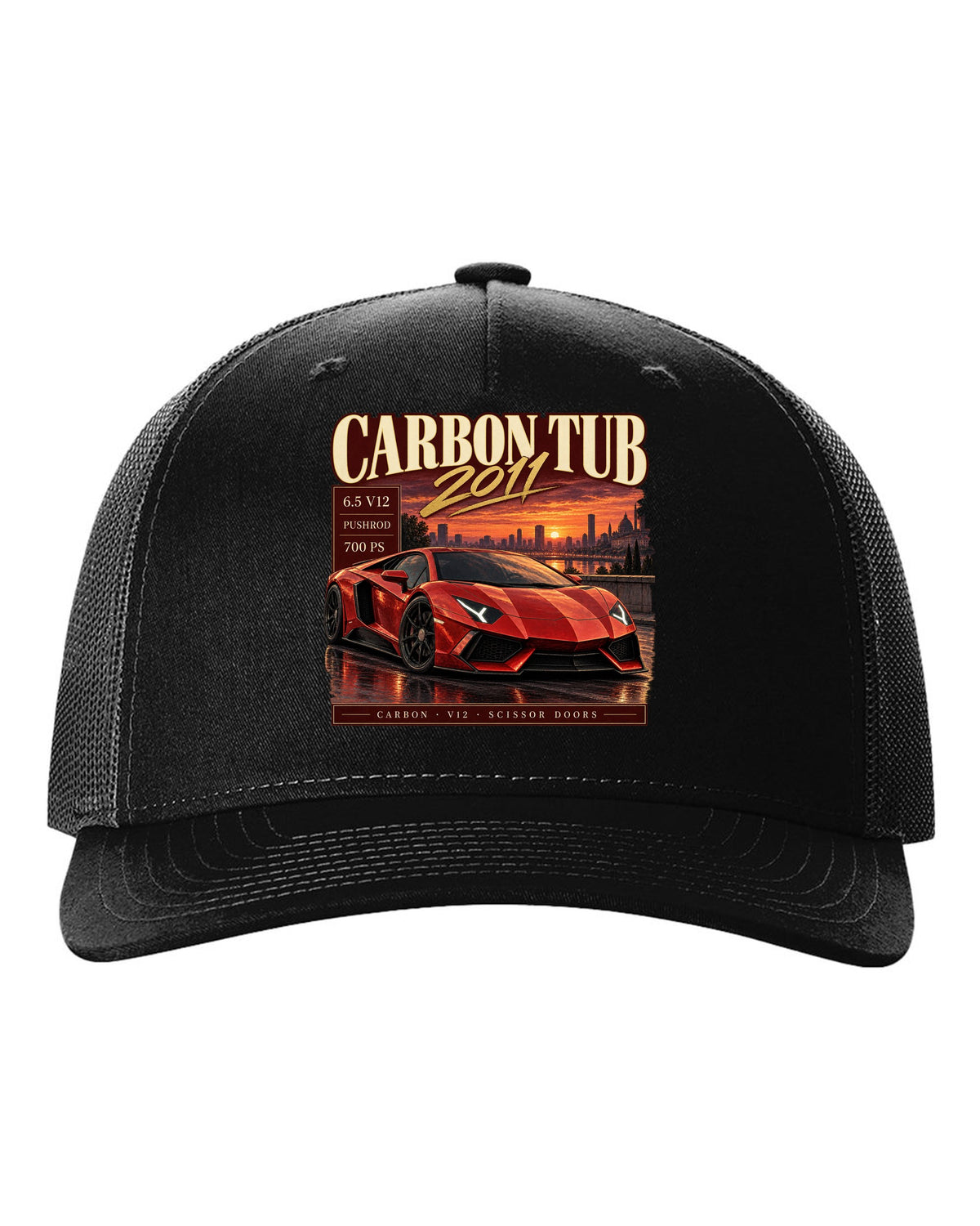 Archive panel print of a Lamborghini Aventador LP700-4 with Carbon Tub and 6.5 V12 text black hat front view with the design