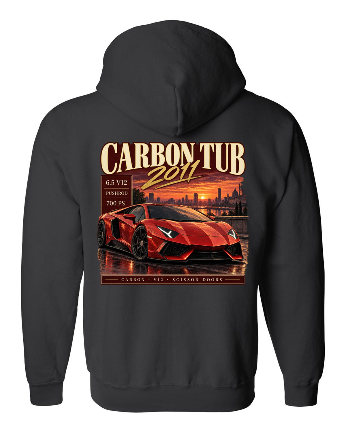 Archive panel print of a Lamborghini Aventador LP700-4 with Carbon Tub and 6.5 V12 text black zip hoodie back view with the design