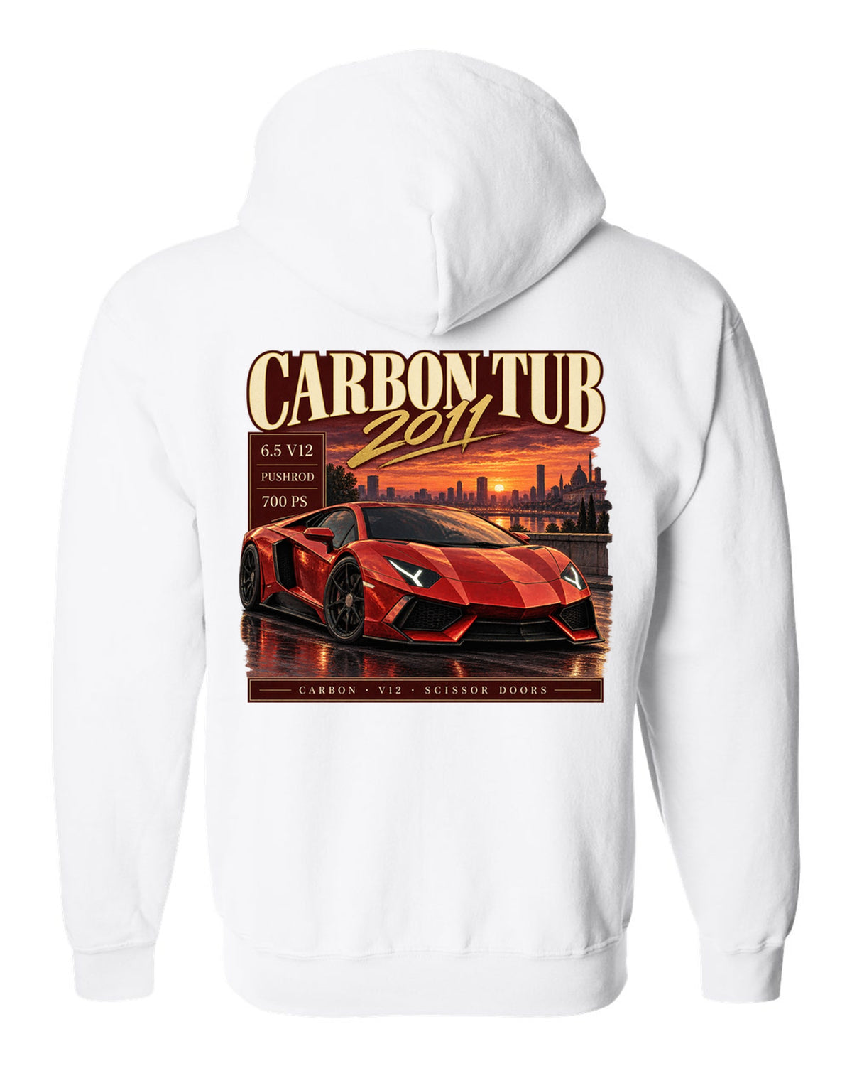 Archive panel print of a Lamborghini Aventador LP700-4 with Carbon Tub and 6.5 V12 text white zip hoodie back view with the design