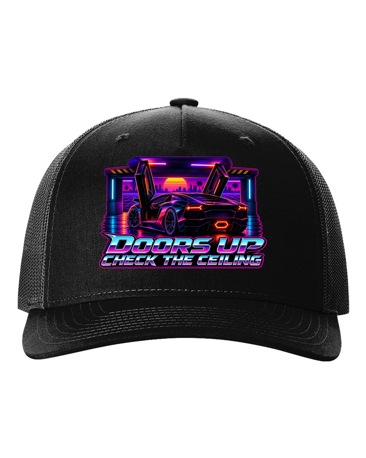 Synthwave outrun design of a Lamborghini Aventador LP700-4 with doors up and check the ceiling text black hat front view with the design