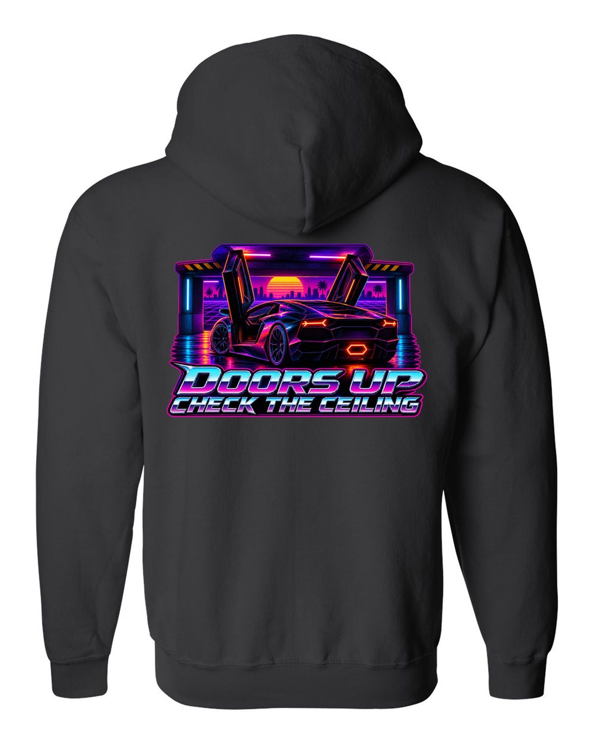 Synthwave outrun design of a Lamborghini Aventador LP700-4 with doors up and check the ceiling text black zip hoodie back view with the design
