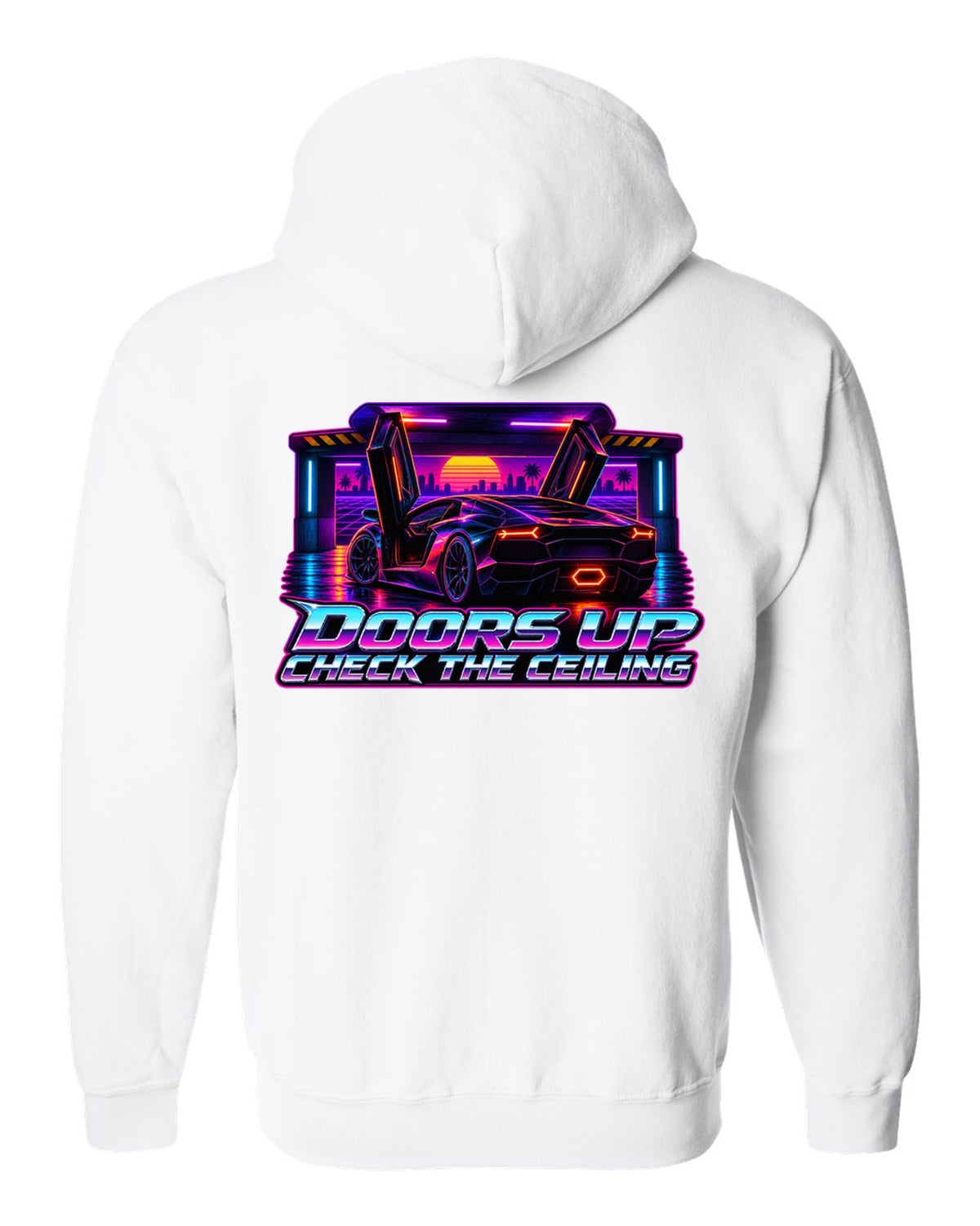Synthwave outrun design of a Lamborghini Aventador LP700-4 with doors up and check the ceiling text white zip hoodie back view with the design