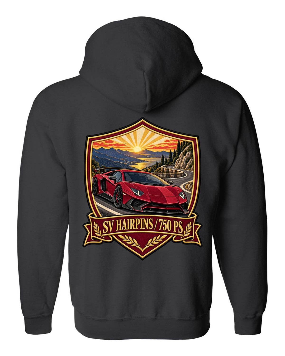 Embroidery-style shield crest of a Lamborghini Aventador LP750-4 SV on a golden hour hairpin black zip hoodie back view with the design