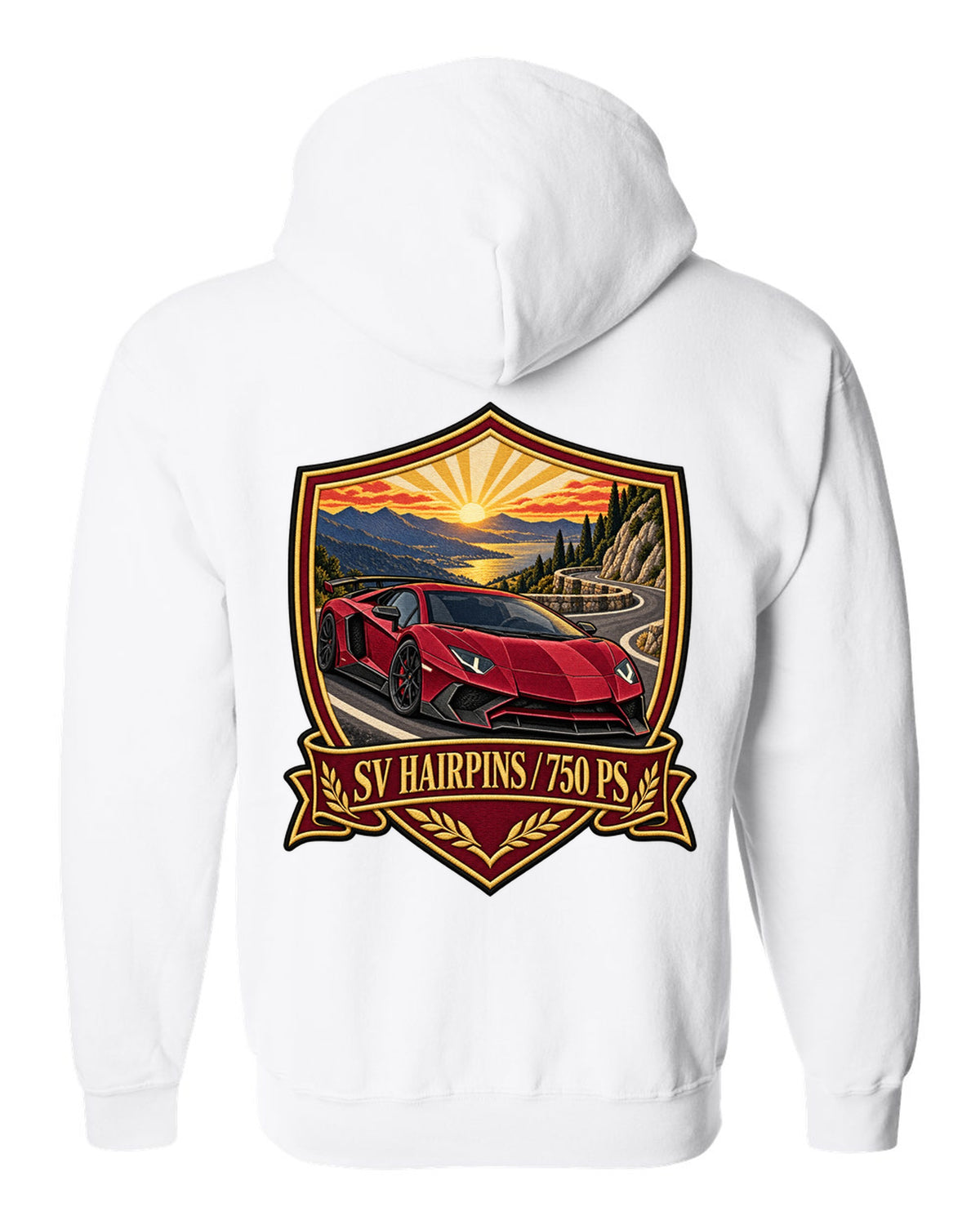 Embroidery-style shield crest of a Lamborghini Aventador LP750-4 SV on a golden hour hairpin white zip hoodie back view with the design