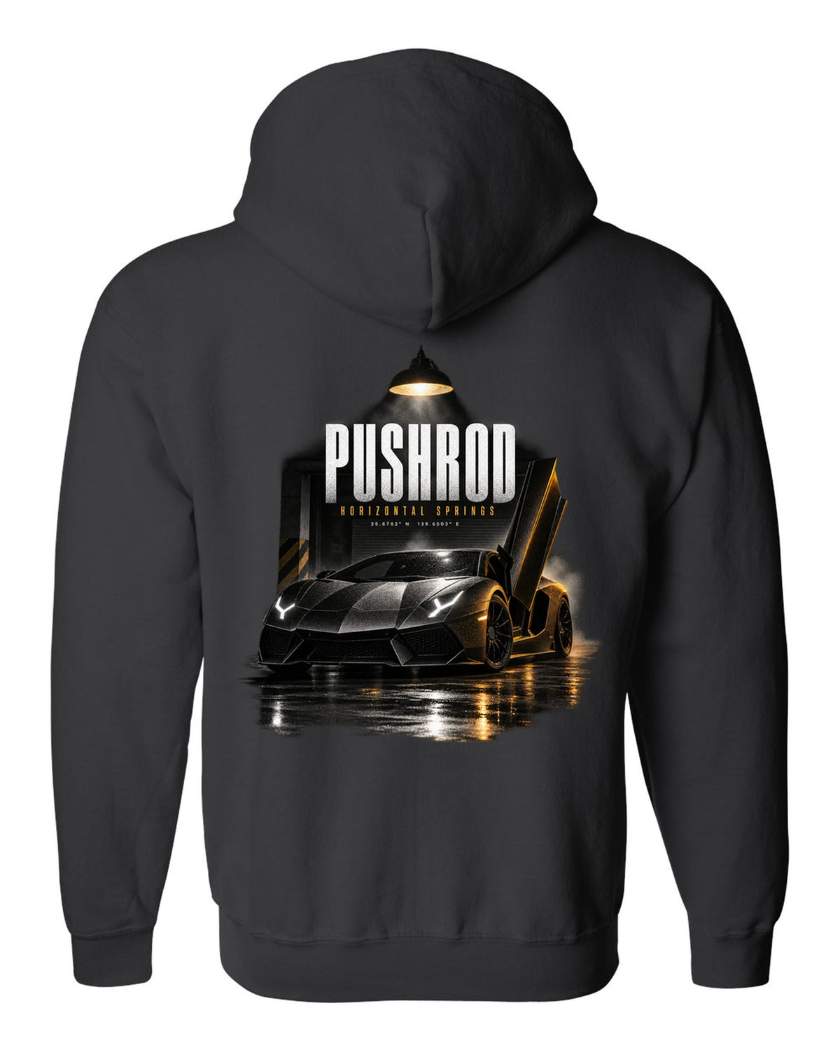 Garage night print of a Lamborghini Aventador S LP740-4 with Pushrod and Horizontal Springs text black zip hoodie back view with the design