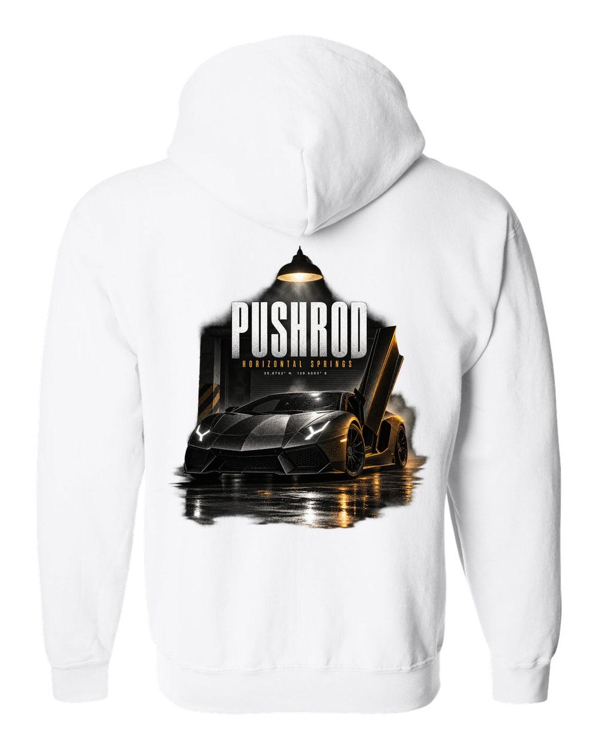 Garage night print of a Lamborghini Aventador S LP740-4 with Pushrod and Horizontal Springs text white zip hoodie back view with the design