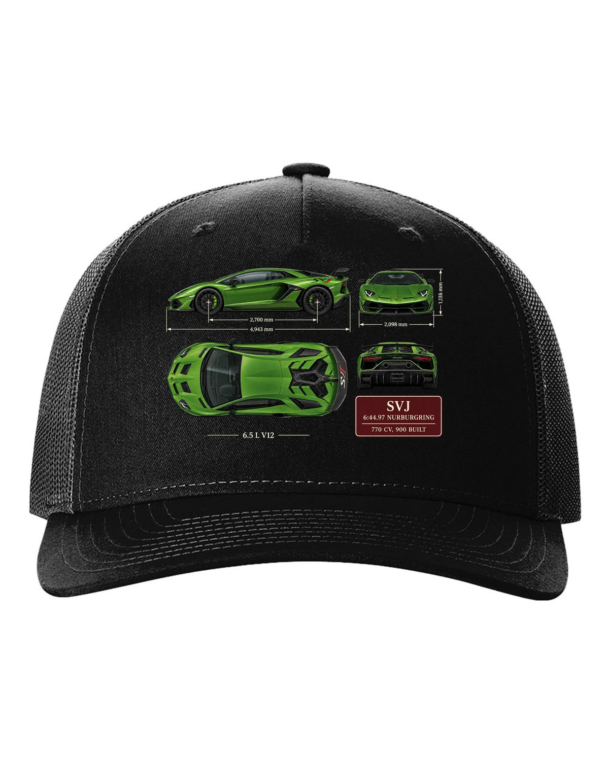 Dimension blueprint print of the Lamborghini Aventador SVJ with Nurburgring lap time black hat front view with the design