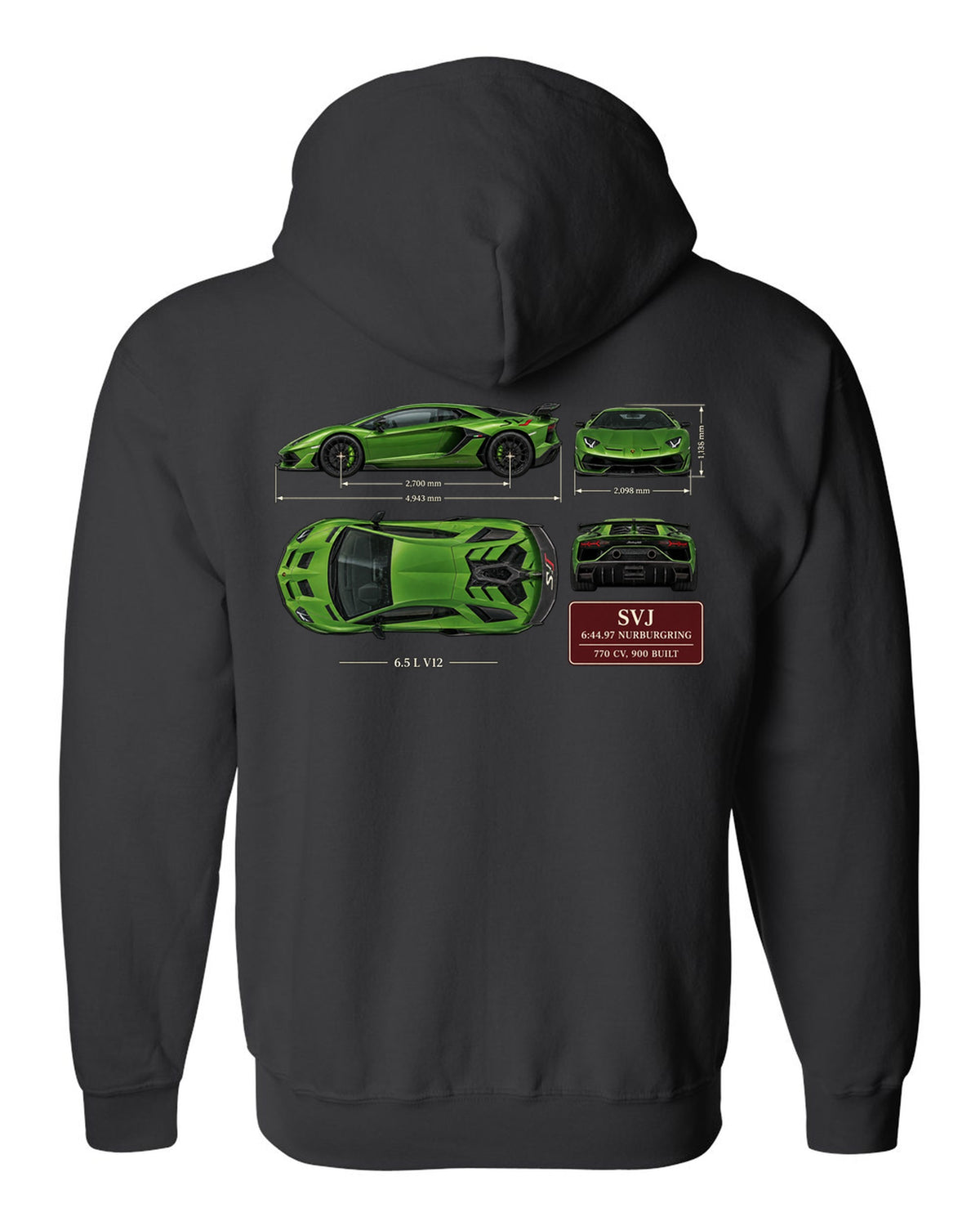 Dimension blueprint print of the Lamborghini Aventador SVJ with Nurburgring lap time black zip hoodie back view with the design