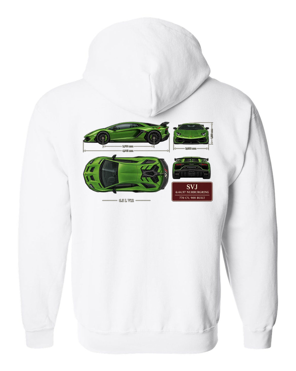 Dimension blueprint print of the Lamborghini Aventador SVJ with Nurburgring lap time white zip hoodie back view with the design