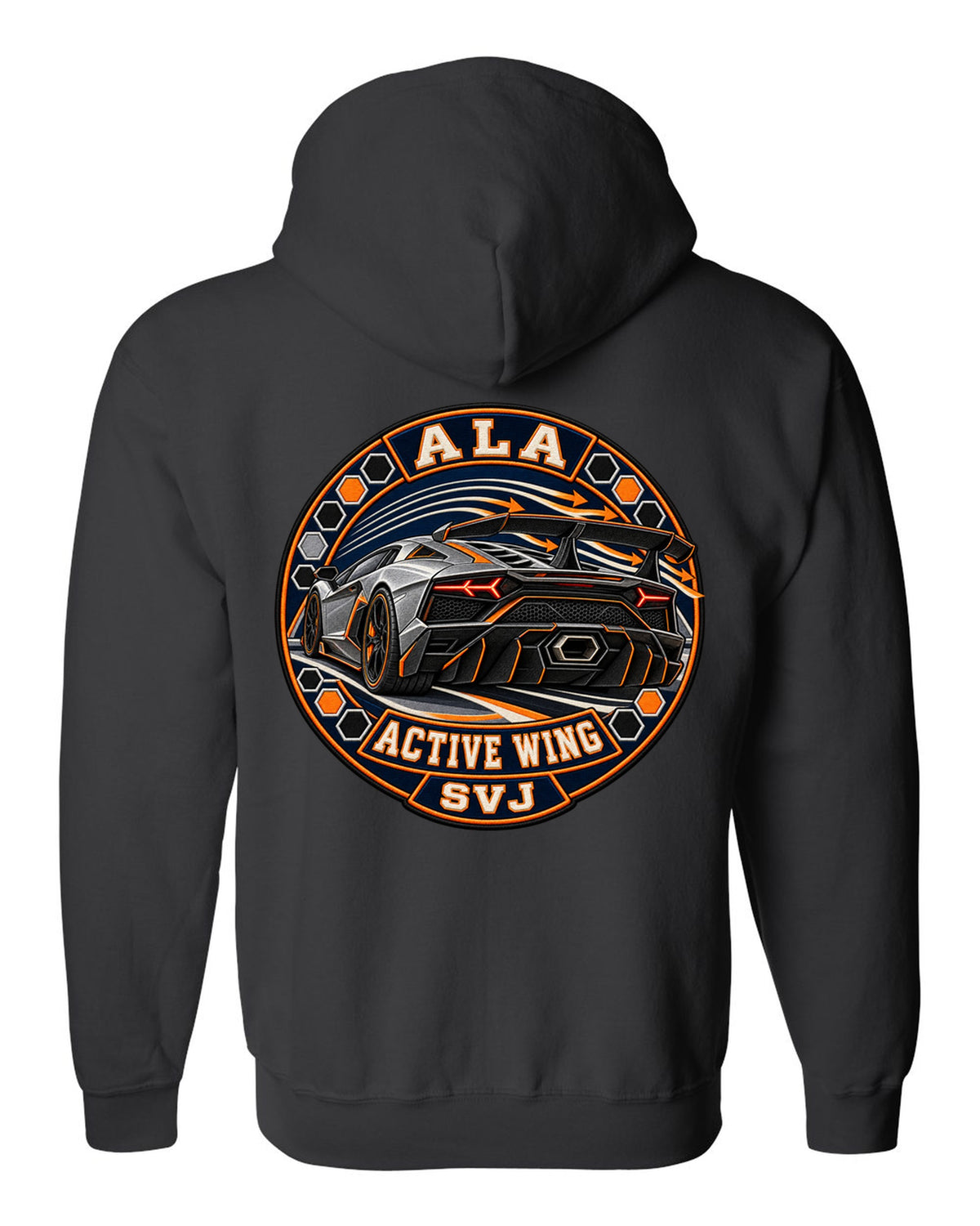 Embroidery-style round crest of a Lamborghini Aventador SVJ LP770-4 with text ALA / ACTIVE WING / SVJ black zip hoodie back view with the design