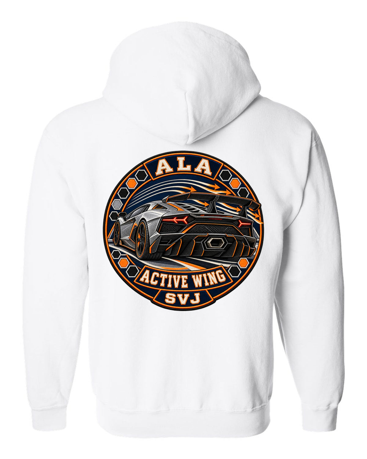 Embroidery-style round crest of a Lamborghini Aventador SVJ LP770-4 with text ALA / ACTIVE WING / SVJ white zip hoodie back view with the design