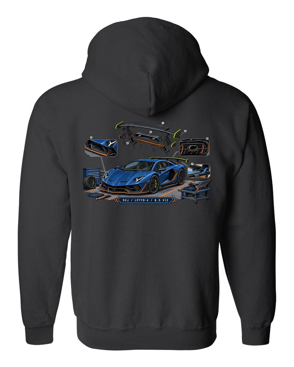 Isometric exploded-view engineering drawing of a Lamborghini Aventador SVJ LP770-4 with V12 text black zip hoodie back view with the design