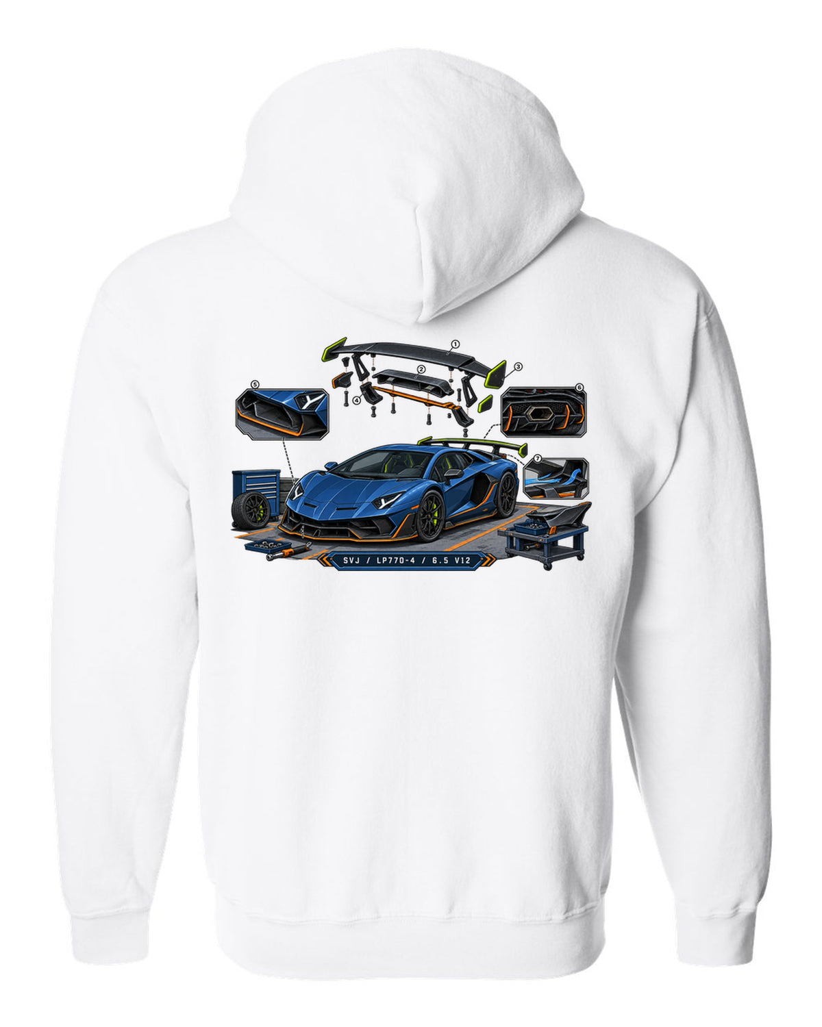 Isometric exploded-view engineering drawing of a Lamborghini Aventador SVJ LP770-4 with V12 text white zip hoodie back view with the design